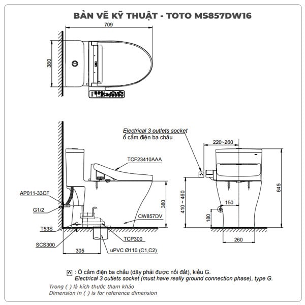 Thông số kỹ thuật bồn cầu nắp điện tử TOTO MS857DW16