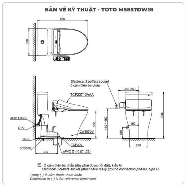 Thông số kỹ thuật bồn cầu nắp rửa điện tử TOTO MS857DW18