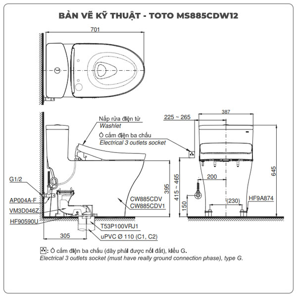 Ảnh thông số kỹ thuật bồn cầu bồn cầu nắp điện tử TOTO MS885DW12