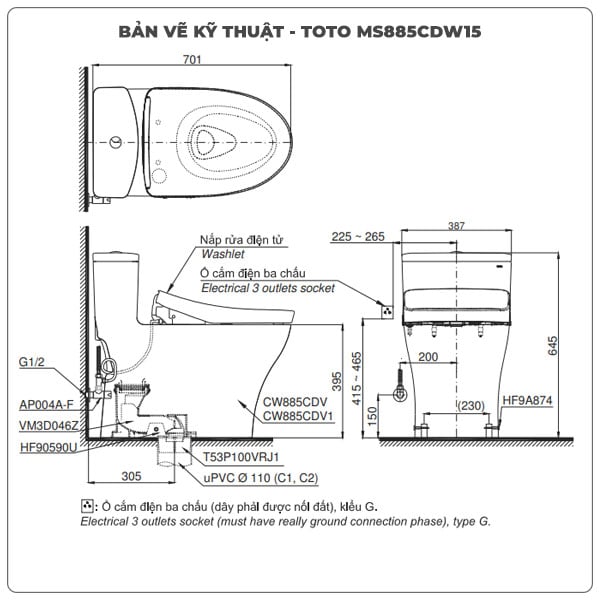 Ảnh thông số kỹ thuật bồn cầu bồn cầu nắp điện tử TOTO MS885CDW15