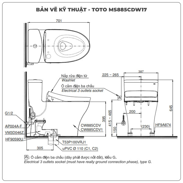 Ảnh thông số kỹ thuật bồn cầu bồn cầu nắp điện tử TOTO MS885CDW17