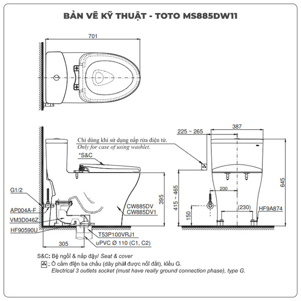 Ảnh thông số kỹ thuật bồn cầu bồn cầu nắp điện tử TOTO MS885DW11