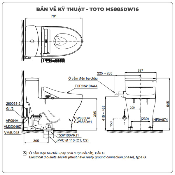 Ảnh thông số kỹ thuật bồn cầu bồn cầu nắp điện tử TOTO MS885DW16