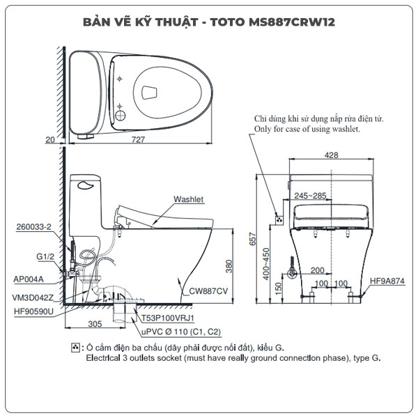 Thông số kỹ thuật bồn cầu thông minh TOTO MS887CRW12