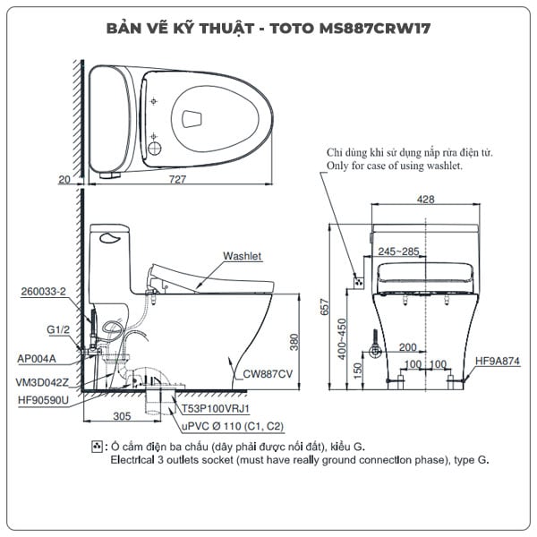 thông số kỹ thuật bồn cầu nắp rửa điện tử Washlet TOTO MS887CRW17