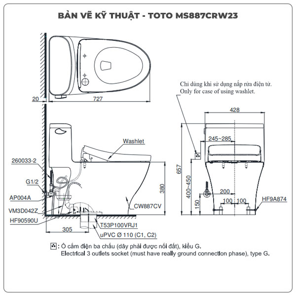 Thông số kỹ thuật bồn cầu thông minh TOTO MS887CRW23