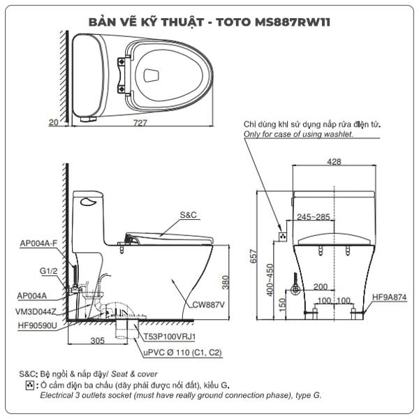 thông số kỹ thuật bồn cầu thông minh TOTO MS887RW11