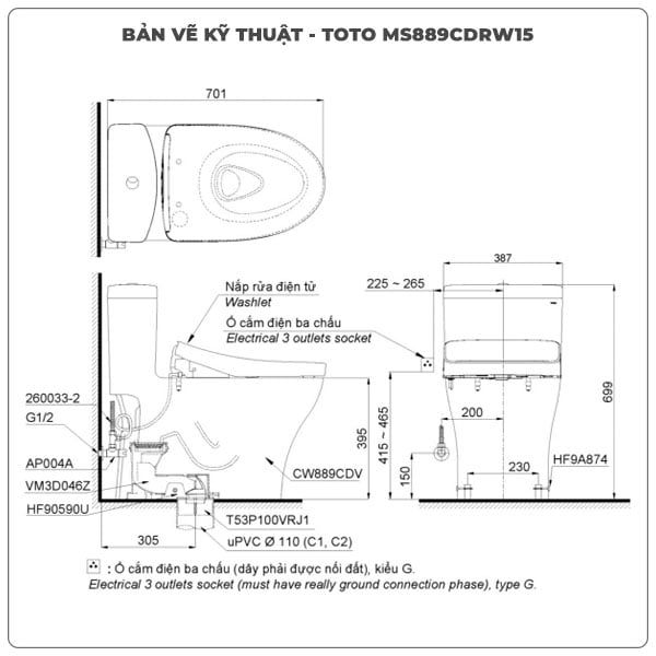 Thông số kỹ thuật bồn cầu thông minh TOTO MS889CDRW15