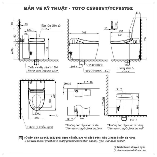 Thông số kỹ thuật bồn cầu thông minh TOTO NEOREST CS988VT/TCF9575Z/T53P100VR