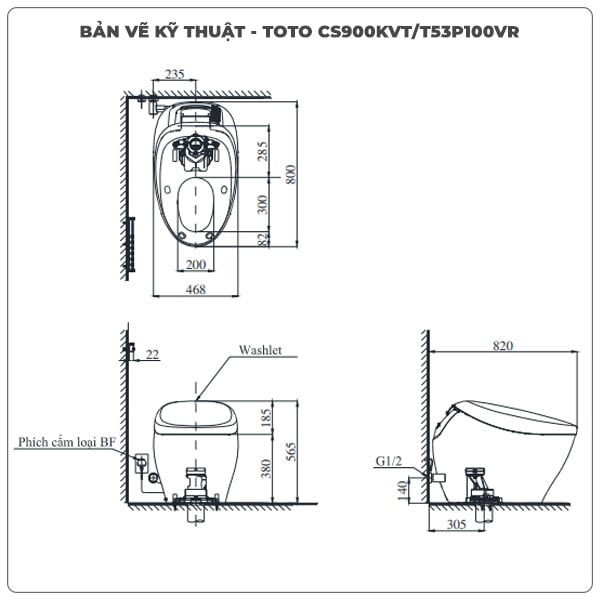 Thông số kỹ thuật bồn cầu thông minh TOTO CS900KVT/T53P100VR