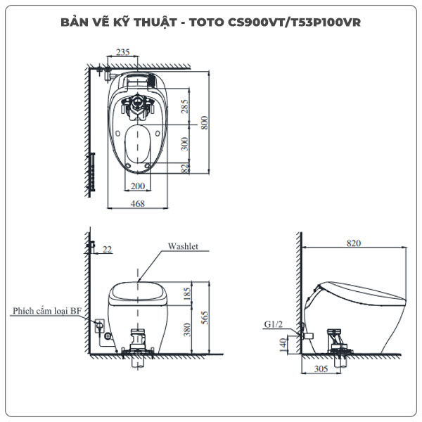 Thông số kỹ thuật bồn cầu thông minh TOTO CS900VT/T53P100VR
