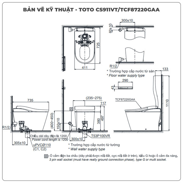 Thông số kỹ thuật bồn cầu thông minh TOTO NEOREST CS911VT/TCF87220GAA