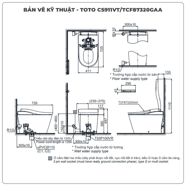 Thông số kỹ thuật bồn cầu thông minh TOTO NEOREST CS911VT/TCF87320GAA