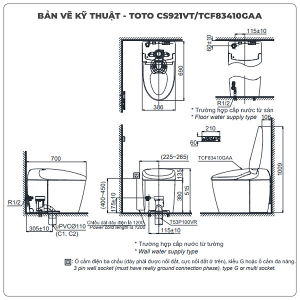 Thông số kỹ thuật bồn cầu thông minh TOTO NEOREST CS921VT/TCF83410GAA/T53P100VR
