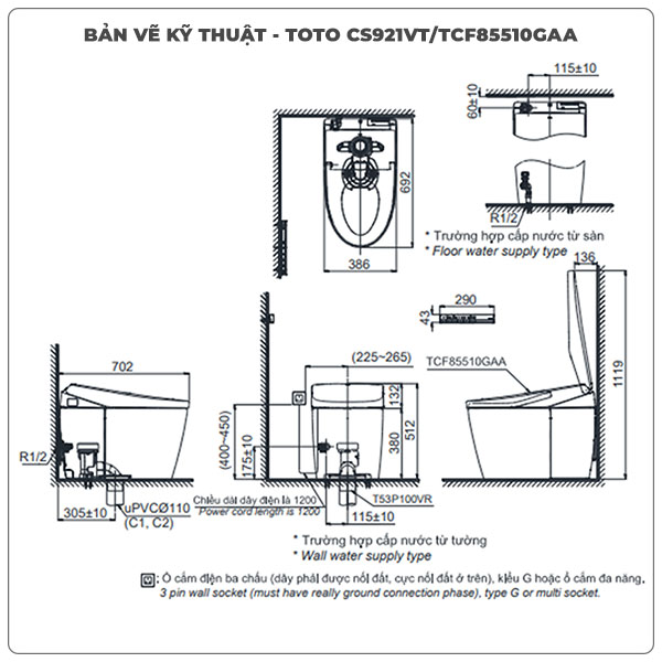 Thông số kỹ thuật bồn cầu thông minh TOTO NEOREST CS921VT/TCF85510GAA/T53P100VR