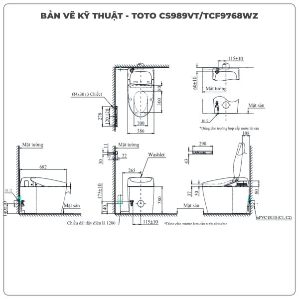 Thông số kỹ thuật bồn cầu thông minh TOTO NEOREST CS989VT/TCF9768WZ/T53P100VR