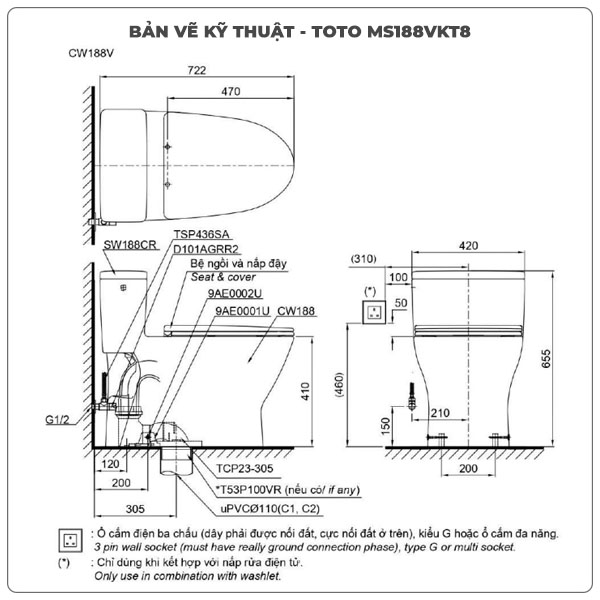 Ảnh thông số kỹ thuật bồn cầu liền khối TOTO MS188VKT8