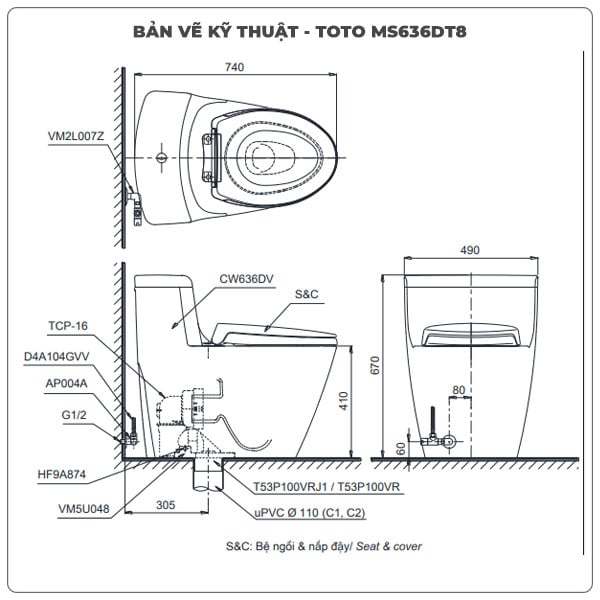 Ảnh thông số kỹ thuật bồn cầu nắp rửa điện tử TOTO MS636DT8