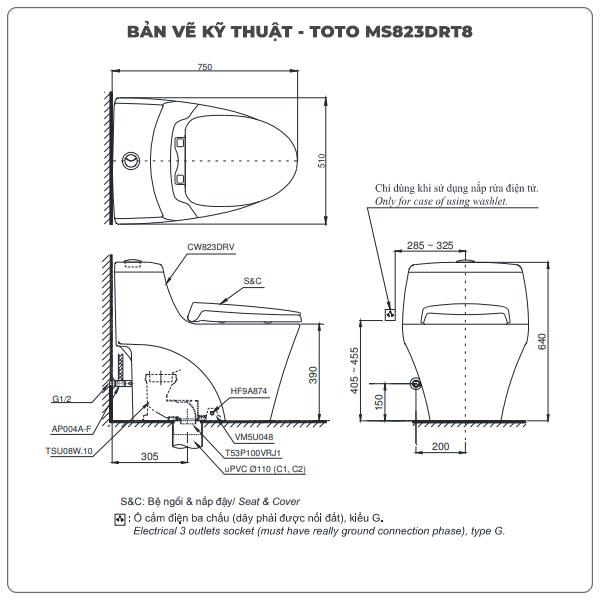 Ảnh thông số kỹ thuật bồn cầu liền khối TOTO MS823DRT8