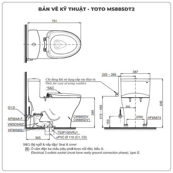 Ảnh thông số kỹ thuật bồn cầu bồn cầu 1 khối TOTO MS885DT2