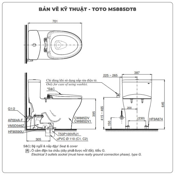 Ảnh thông số kỹ thuật bồn cầu bồn cầu 1 khối TOTO MS885DT8