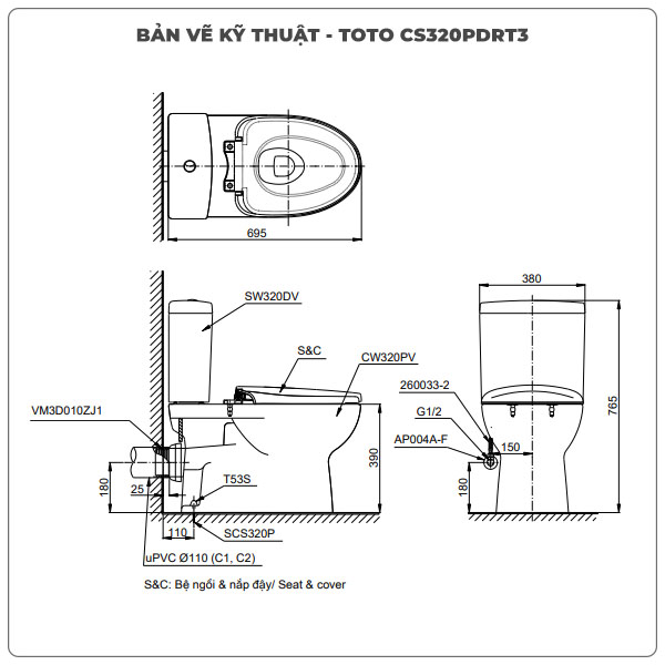 Thông số kỹ thuật bồn cầu 2 khối TOTO CS320PDRT3