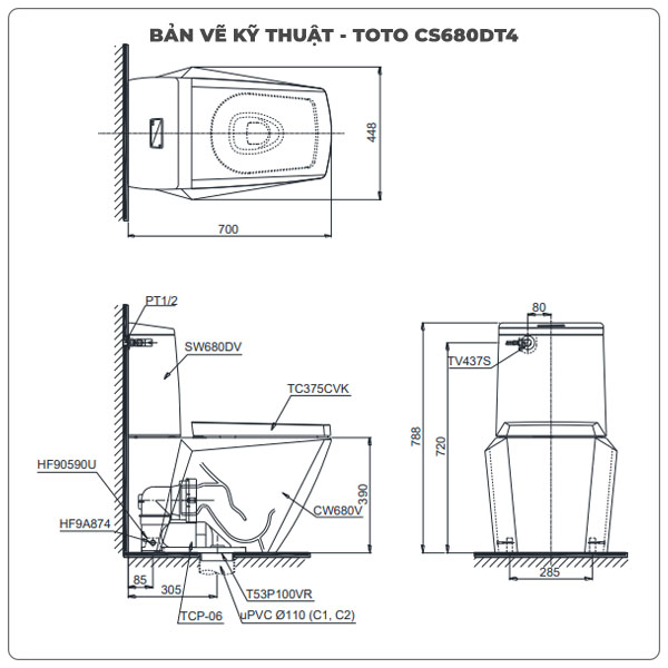 Thông số kỹ thuật bồn cầu nắp rửa cơ TOTO CS680DT4