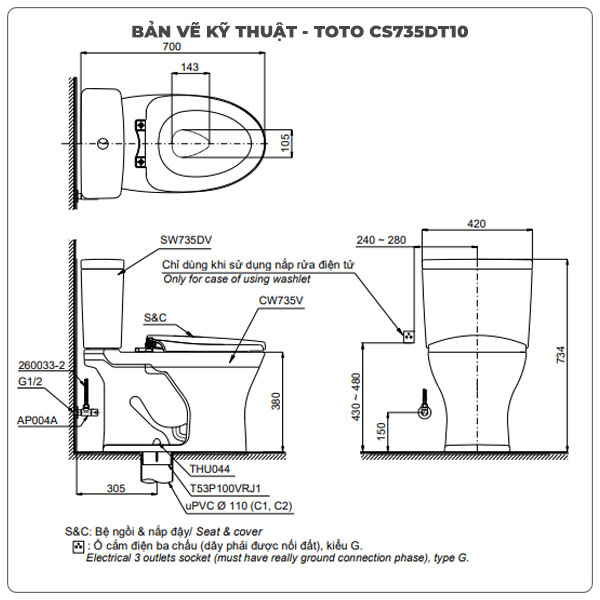 Thông số kỹ thuật bồn cầu 2 khối TOTO CS735DT10