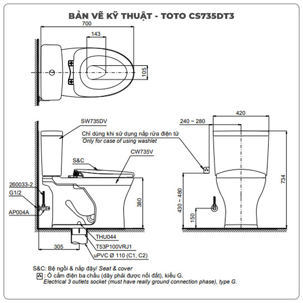 Thông số kỹ thuật bồn cầu 2 khối TOTO CS735DT3