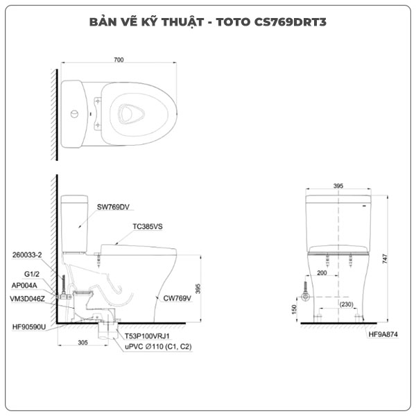 Thông số kỹ thuật bồn cầu 2 khối TOTO CS769DRT3