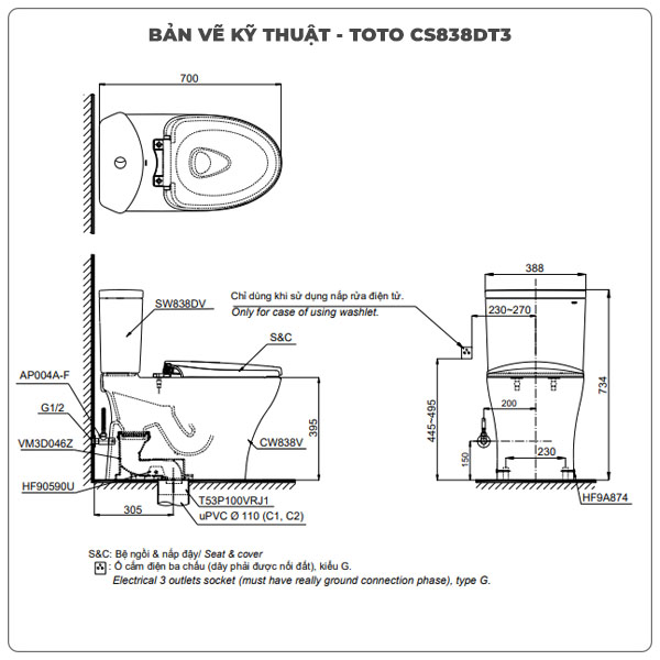 Thông số kỹ thuật bồn cầu 2 khối TOTO CS838DT3