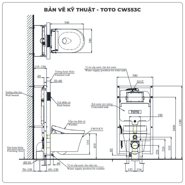 Thông số kỹ thuật bồn cầu treo tường TOTO CW553C/TCF33370GAA/WH172AT/MB175M