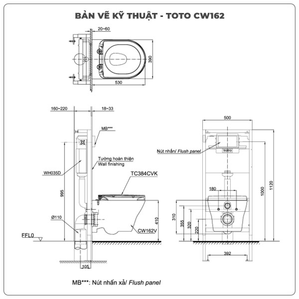 Thông số kỹ thuật bồn cầu treo tường TOTO CW162/TC384CVK