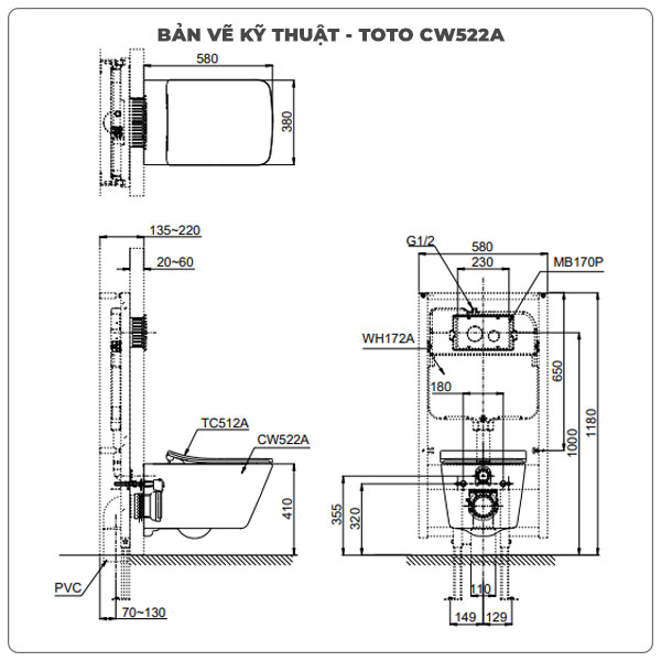Thông số kỹ thuật bồn cầu treo tường TOTO CW522A/TC512A