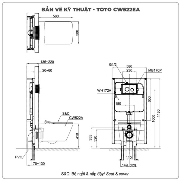 Thông số kỹ thuật bồn cầu treo tường TOTO CW522EA/TCF803CZ