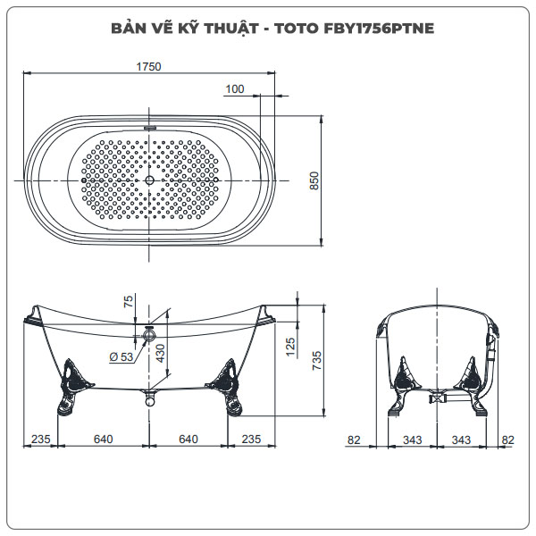 Thông số kỹ thuật bồn tắm đặt sàn TOTO FBY1756PTNE