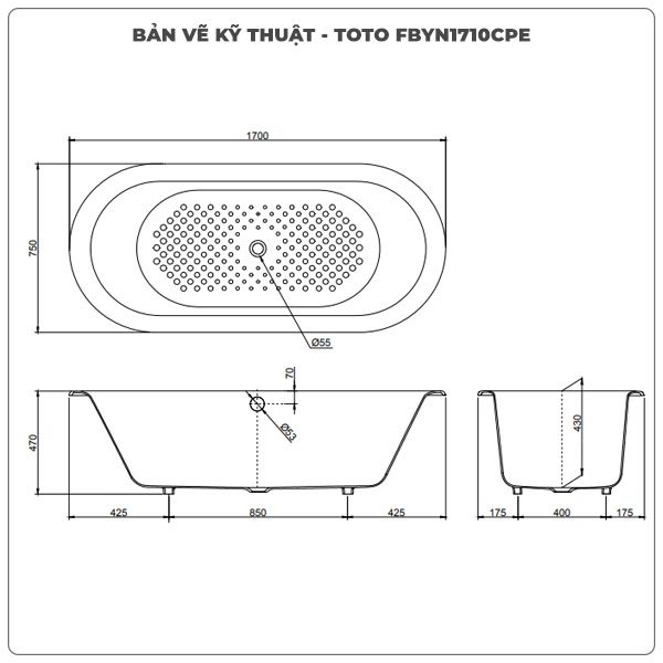 Thông số kỹ thuận bồn tắm xây TOTO FBYN1710CPE