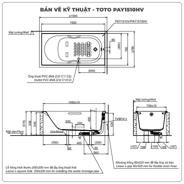 Thông số kỹ thuận bồn tắm xây TOTO PAY1510HV