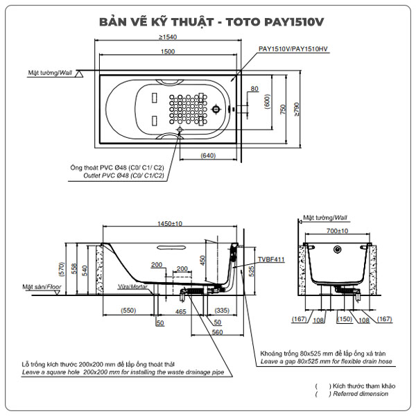 Thông số kỹ thuận bồn tắm xây TOTO PAY1510V