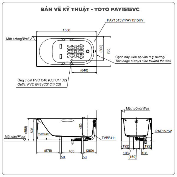 Thông số kỹ thuận bồn tắm chân yếm TOTO PAY1515VC