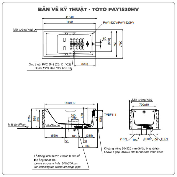 Thông số kỹ thuận bồn tắm xây TOTO PAY1520HV