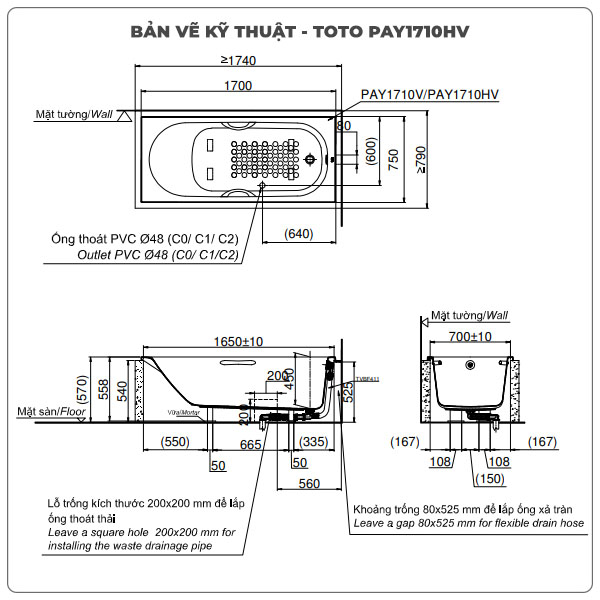Thông số kỹ thuận bồn tắm xây TOTO PAY1710HV