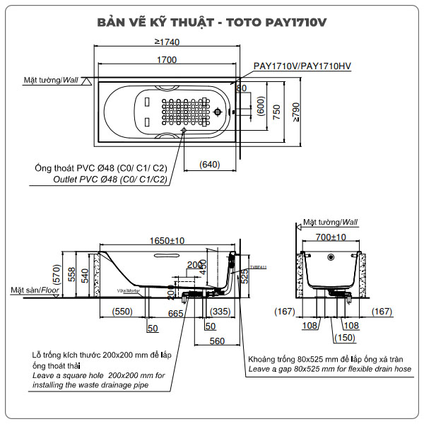 Thông số kỹ thuận bồn tắm xây TOTO PAY1710V