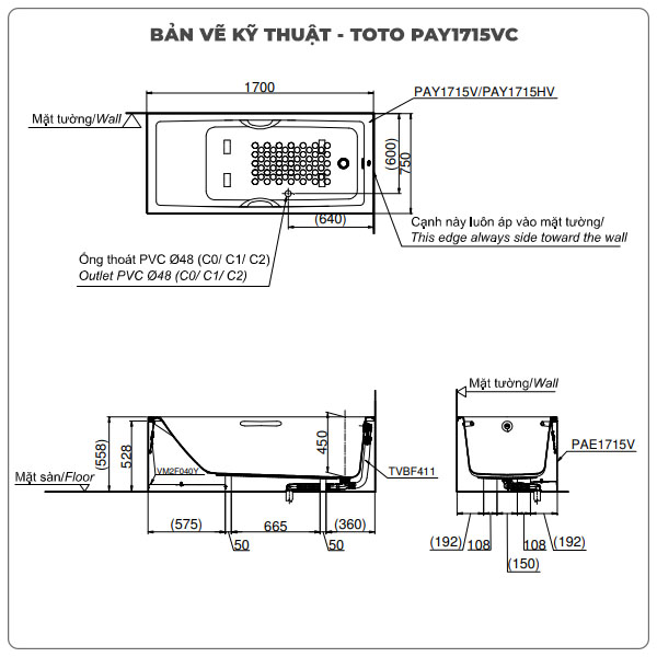 Thông số kỹ thuận bồn tắm chân yếm TOTO PAY1715VC