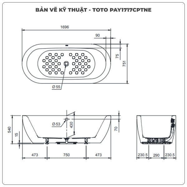 Thông số kỹ thuận bồn tắm đặt sàn TOTO PAY1717CPTNE