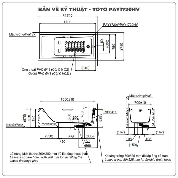 Thông số kỹ thuận bồn tắm xây TOTO PAY1720HV