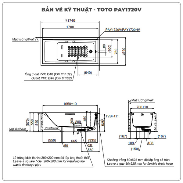 Thông số kỹ thuận bồn tắm xây TOTO PAY1720V