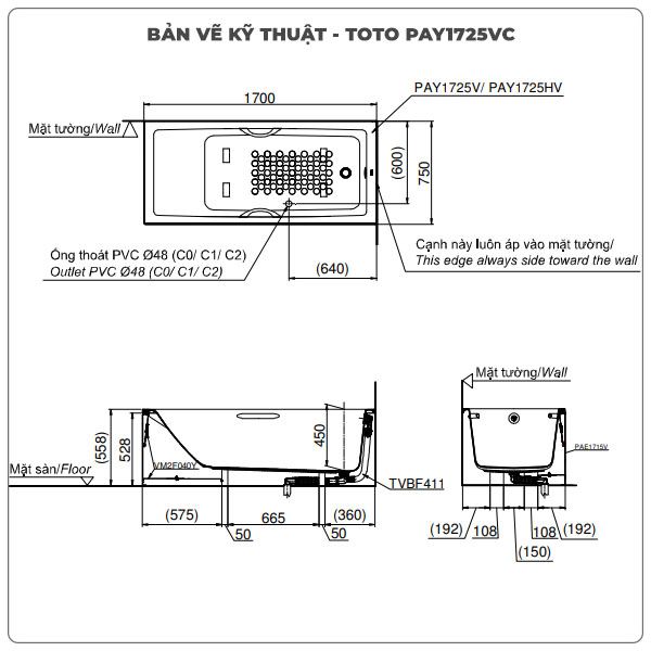 Thông số kỹ thuận bồn tắm chân yếm TOTO PAY1725VC