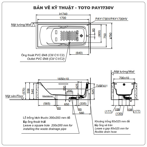 Thông số kỹ thuận bồn tắm xây TOTO PAY1730V