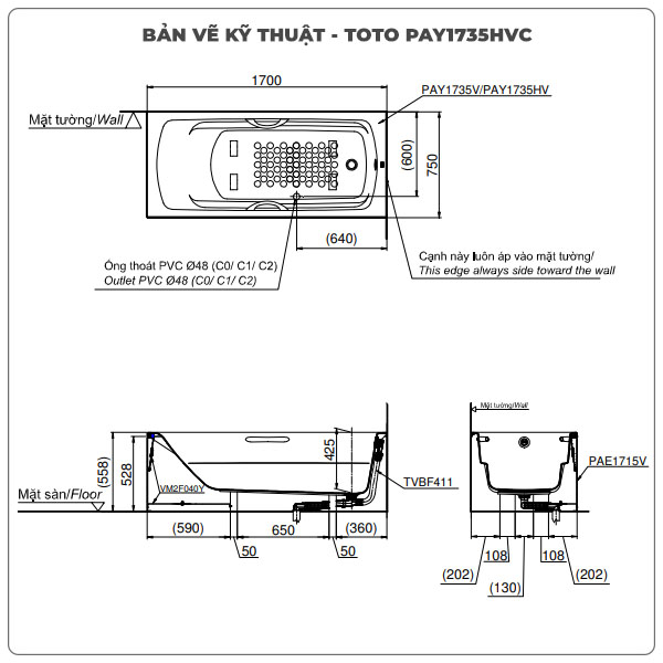 Thông số kỹ thuận bồn tắm chân yếm TOTO PAY1735HVC